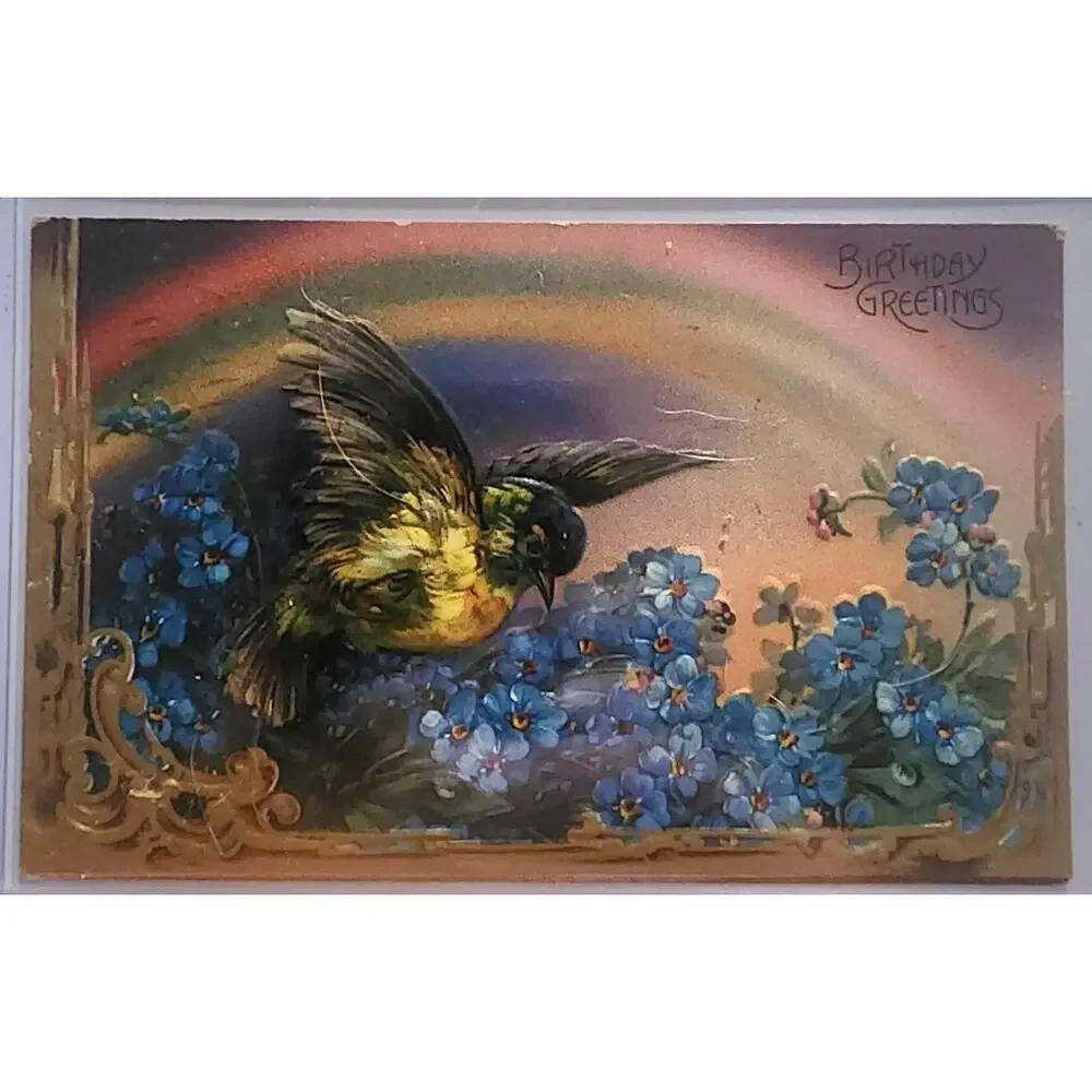 Lot Of Four Vintage Antique Embossed Postcards Flowers Birds Birthday